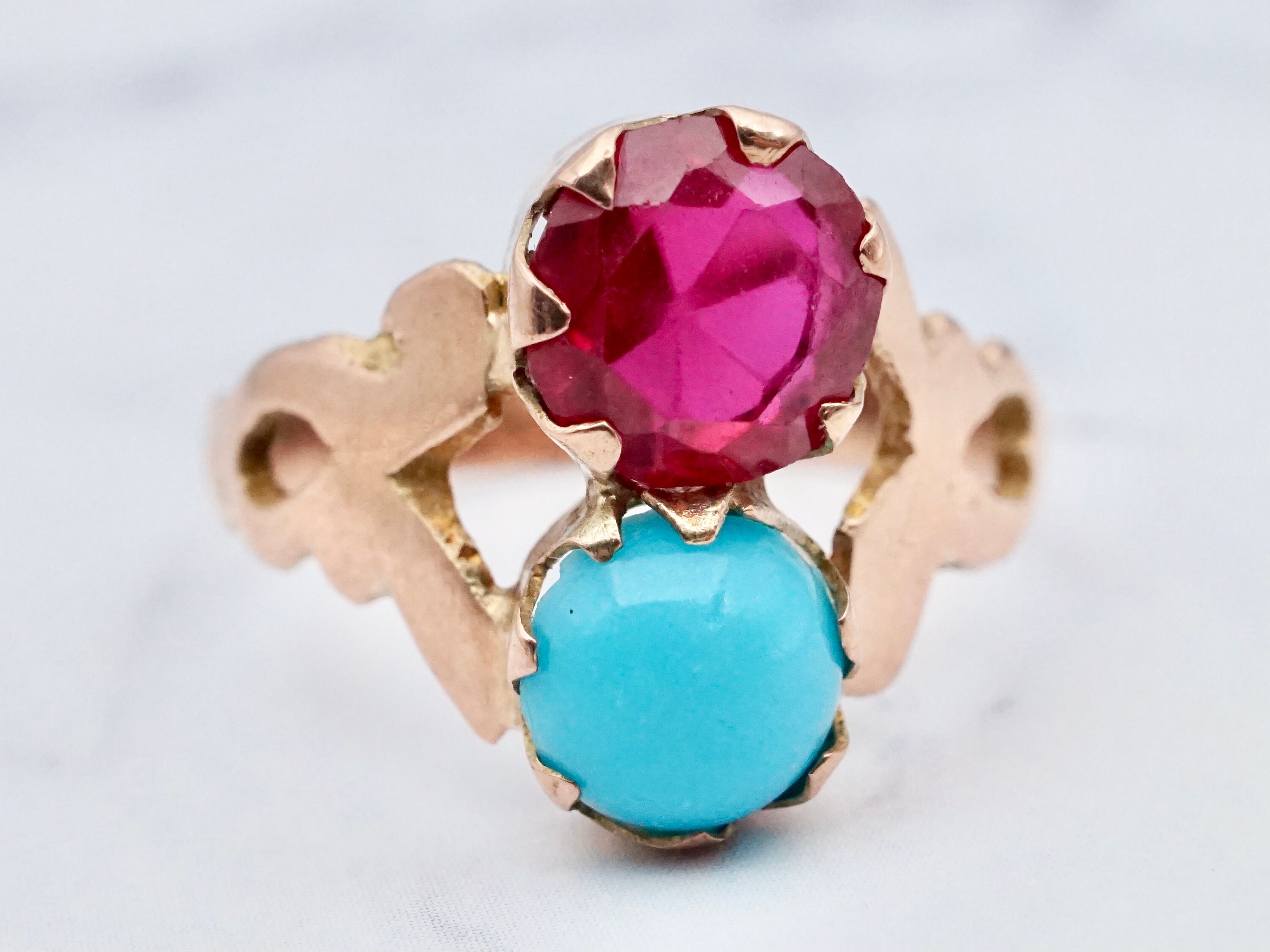 Size 8 Antique 10k Gold Faux Turquoise and Ruby Ring Ww Etsy