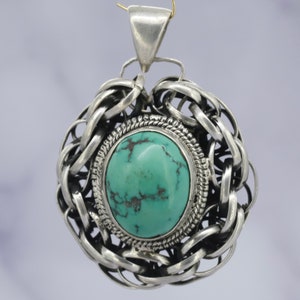vintage large handmade double sided sterling silver and turquoise pendant
