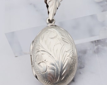 Vintage engraved sterling locket pendant on a box link chain necklace, 16”