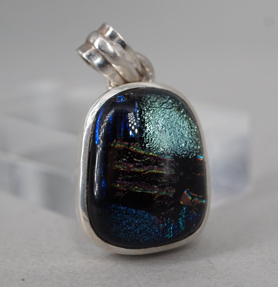 sterling silver dichroic foil glass blue pendant - image 9