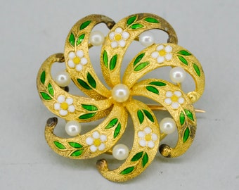 Pristine Antique 14k enamel & seed pearl flower brooch - ww