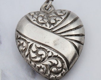 Antique Victorian sterling engraved puffy heart charm