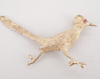 Vintage Les Bernard Gilt Sterling Silver & Ruby Road Runner Brooch