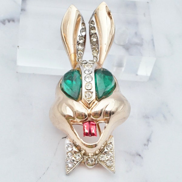 vintage Karu-signed gold-plated rhinestone cartoon rabbit head brooch