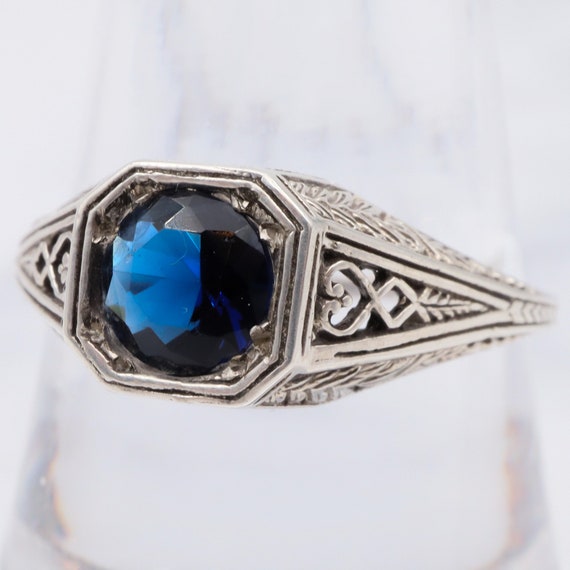 Art Deco style sterling filigree faux sapphire ri… - image 1