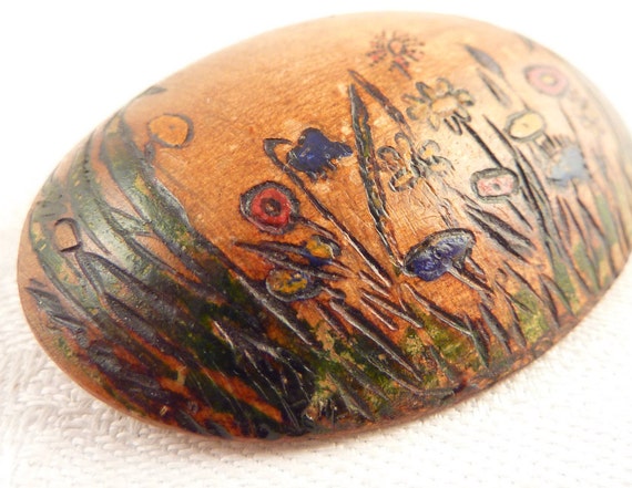 Handmade Vintage 1937 Painted Wildflowers on Oval… - image 2