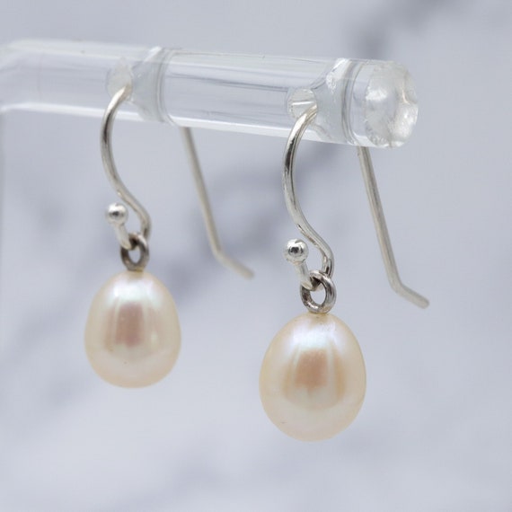 Simple vintage sterling & cultured pearl drop ear… - image 1