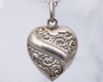 Antique Victorian sterling repousse puffy heart charm necklace