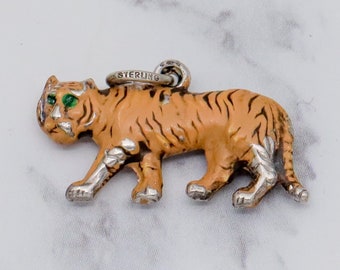 Rare Antique painted sterling double sided figural tiger charm