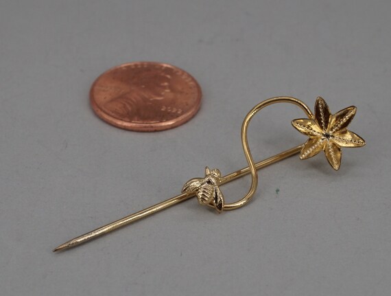 Antique 10K gold Flower and Bee stick pin WW - image 3