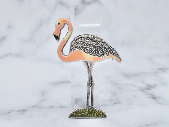 Vintage sterling, enamel, and marcasite flamingo … - image 1