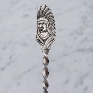 Antiker Sterling Silber figürlicher Indianer Häuptling Kopf "Minneapolis, Minn" vergoldete Schüssel Souvenir Löffel mit Drehgriff