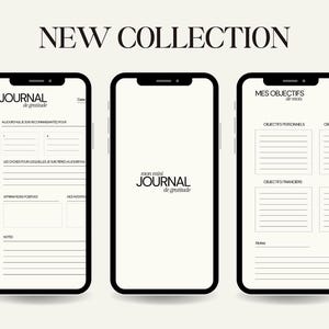 Peut inclure: Maquette de produit numérique avec trois smartphones affichant des pages de journal. Le texte "NEW COLLECTION" est en haut. Le téléphone central affiche "mon mini JOURNAL de gratitude". Les autres téléphones affichent des invites de journal et des sections pour les notes.