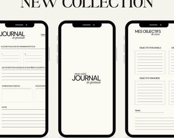 May include: A digital product mockup featuring three smartphones displaying journal pages. The text "NEW COLLECTION" is at the top. The center phone shows "mon mini JOURNAL de gratitude". The other phones display journal prompts and sections for notes.