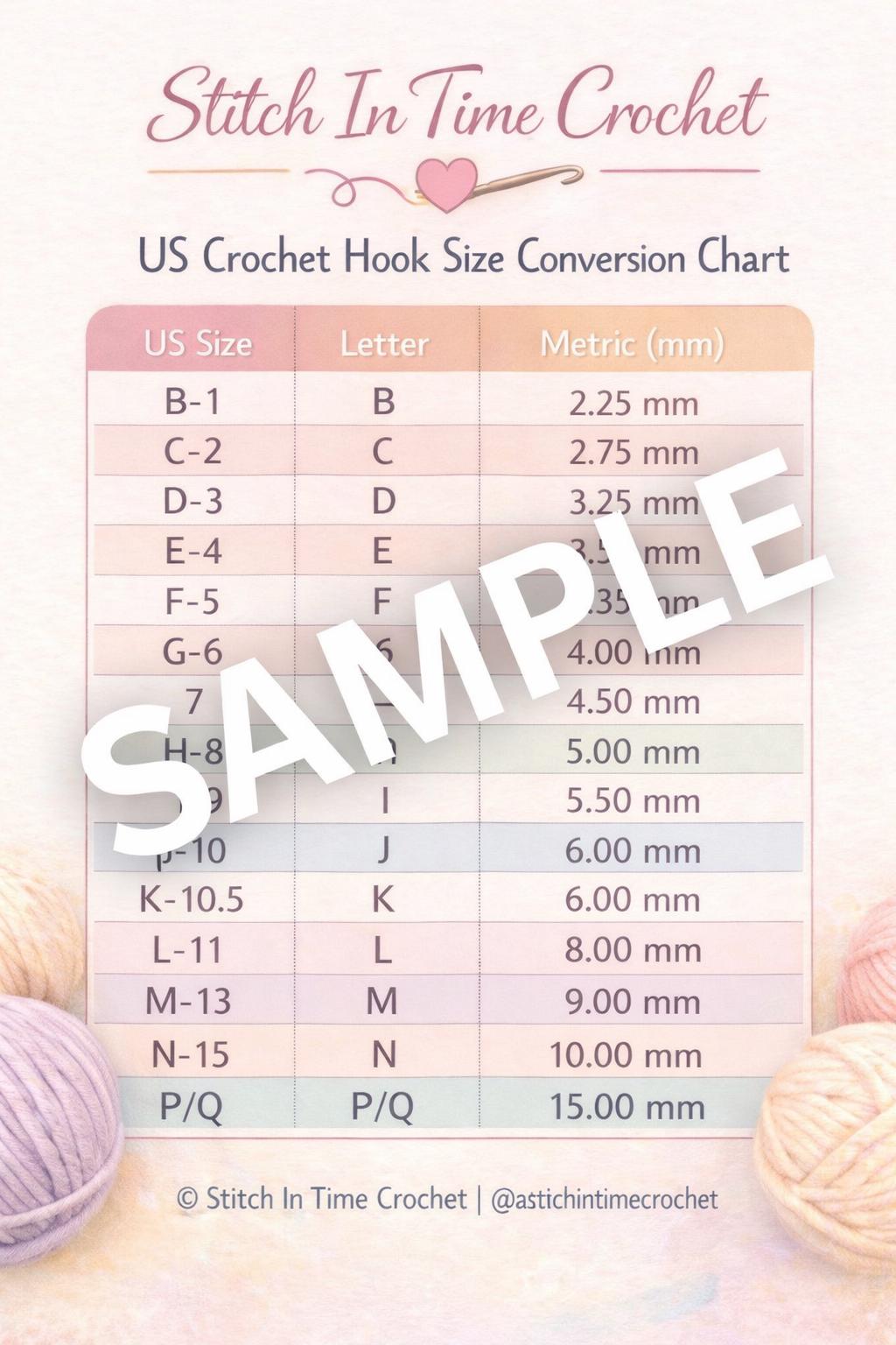 Crochet Hook Size Chart | US, Letter, Metric Conversion (digital ...