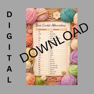 Op de afbeelding: Een digitale download van een haakgids met de titel "Basic Crochet Abbreviations". De afbeelding toont een lijst met afkortingen omringd door kleurrijke bollen wol, een haaknaald, een schaar en een houten hart. Het woord "DOWNLOAD" staat diagonaal afgedrukt.
