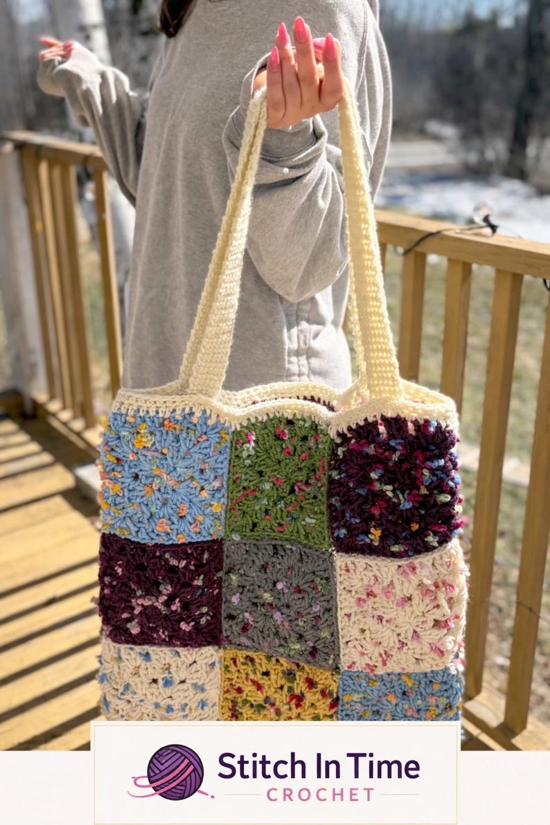 Crochet Tote Bag Pattern | Granny Square Beach Bag, Scrap Yarn Project ...