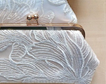 Dahlia Floral Sequins Lace Bridal Clutch in champagne, mother of the bride Clutch, wedding gift