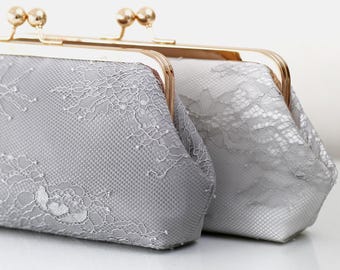 Grey Chantilly Lace Wedding Clutch, Personalized Gift for Mom, Mother of the Bride Purse
