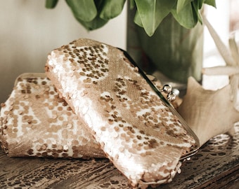 Champagne Gold Sequin Clutch, Ivory Satin Bridal Purse