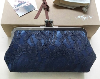 Navy Blue and Black Alencon Paisley Lace Clutch, Gift for Mother of the Bride Groom, Wedding Bridal Shower Clutch Gift | Something Blue