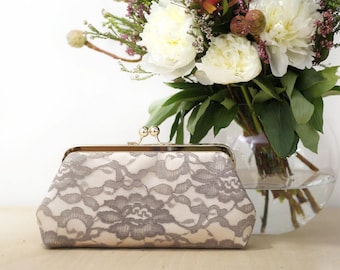 Bridal Peony Lace Clutch, Champagne Taupe Bag, Personalized Wedding Photo Gift for Mother of the Bride and Groom