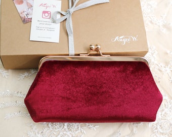 Deep Red Burgundy Velvet Photo Clutch Bag for Bride, Bridesmaid, Mother of the groom, personalized engagement wedding gift