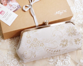 Gold Embroidered Floral Tulle Bridal Clutch in Champagne, Wedding Gift Purse for Bride, Bridesmaids and Mother of the Bride and Groom