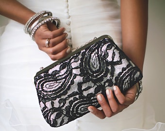 Black & Grey Alencon Paisley Lace Photo Clutch | Bridal Clutch | Personalized Wedding Gift for Mom