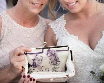 Personalized Mother of the Bride Photo clutch, Crinkled Silver Photo Purse, personalized wedding gift