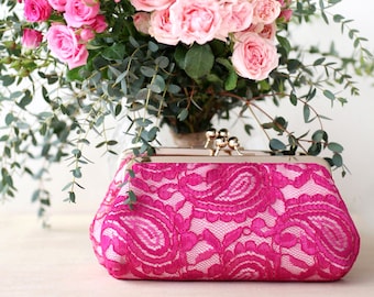 Fuchsia Alencon Paisley Lace Photo Clutch, Wedding Gift for Mother of Bride Groom in law, Personalized Wedding Gift