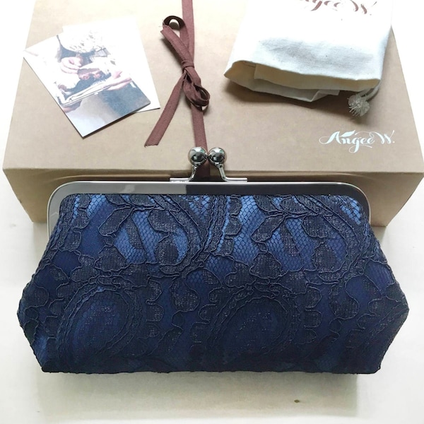 Navy Blue and Black Alencon Paisley Lace Clutch, Gift for Mother of the Bride Groom, Wedding Bridal Shower Clutch Gift | Something Blue