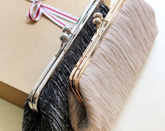 Crinkled Champagne Gold Clutch Purse, Wedding Gift, Crystal Option