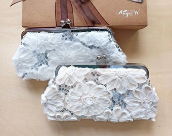 Floral Tulle Sequin Bridal Clutch, Champagne Wedding Gift
