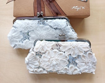 Dahlia Floral Tulle and Sequins Lace Bridal Clutch in champagne, mother of the bride Clutch, wedding gift