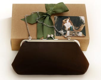 Brown Satin Clutch Purse with silver kisslock frame