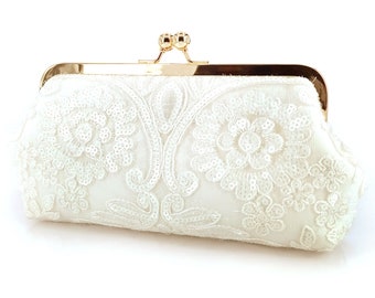 READY TO SHIP - Bridal White Sequins Beaded Wedding Clutch Purse in ivory, Bridal Shower Gift