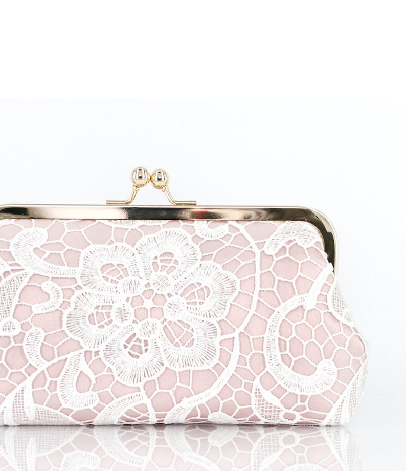 Bridal Blush Pink and White Lace Clutch L'HERITAGE Personalized Wedding Gift for the Bride and mother of the Bride and Groom, Photo Clutch Gold tone