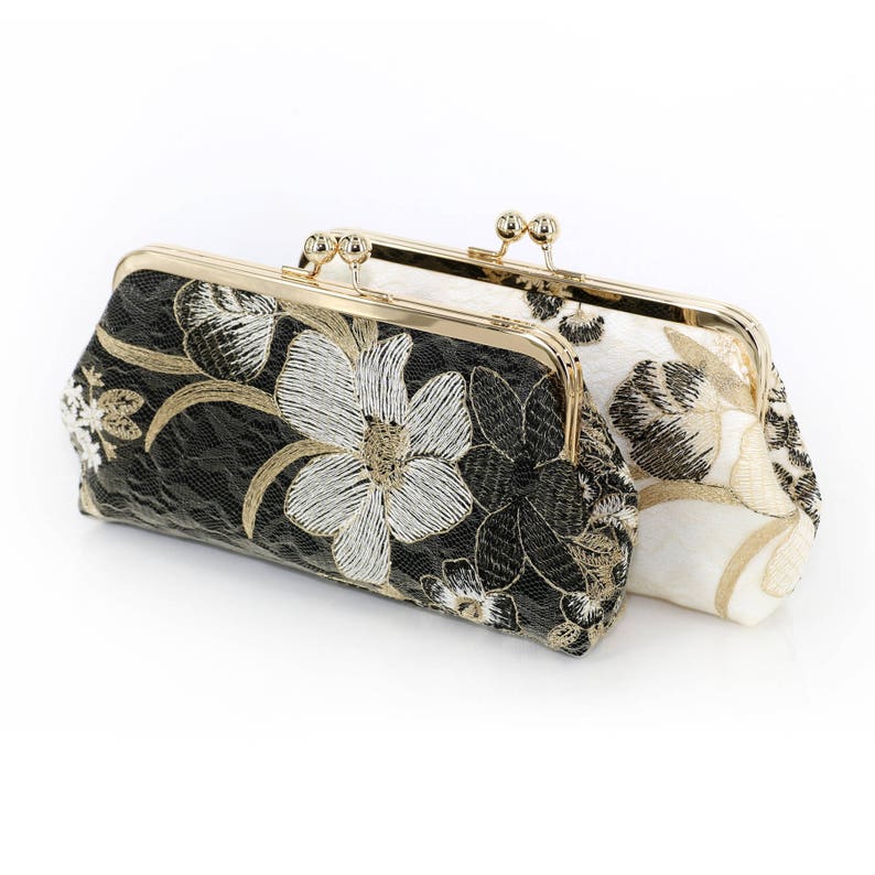 Embrague de foto de encaje bordado en blanco y dorado negro para novias, damas de honor, madre de la novia y el novio, bolso de noche / bolso personalizado imagen 6