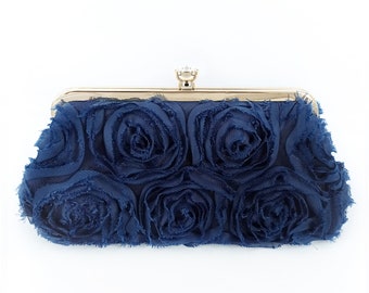 Rose Photo Clutch in Navy Blue Chiffon, Gift for Bride, Mother of the Bride, Personalized wedding gift