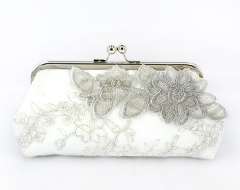Metallic Silver Embroidery Lace Champagne Bridal Clutch, Photo purse for Bride, Mother of the Bride Wedding Gift
