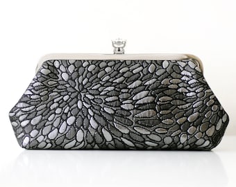 Personalized Photo and Embroidered Brocade Black and Silver Hydrangeas Clutch, Mother of the Bride Groom Wedding Gift