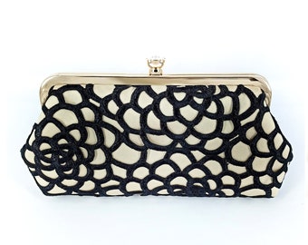 Black & Champagne Camellia Lace Photo Clutch, Gift for Mother of Bride Groom in law, Personalized Bridal Shower Wedding Gift