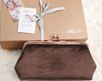Personalized Chocolate Brown Velvet Clutch – Custom Photo Lined Bridal Accessory Mother of the Bride Gift