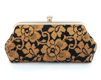 Black Peony Lace Clutch, Copper Gold Floral, Personalized Wedding Photo Gift for Mother of the Bride and Groom