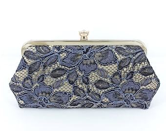 Navy Alencon Peony Lace Wedding Clutch,  Personalized Bridal Clutch for Mom, Bridal Shower Wedding Gift