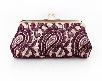 Burgundy Champagne Alencon Paisley Lace Photo Clutch | Bridal Clutch | Personalized Wedding Gift for Mom