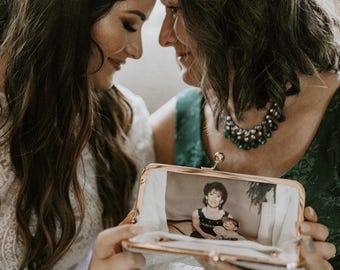 Personalised Wedding Photo Clutch for Mum, Mother of the Bride Gift, Crinkled Champagne Gold Purse