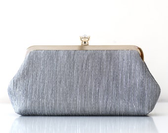 Gift for Mother of the Bride, Crinkled Silver Photo Clutch, personalized engagement wedding Purse gift
