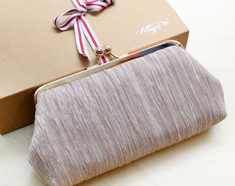 Champagne Gold Crinkled Clutch Purse Bag, Personalized Wedding Photo Gift for Mother of Bride